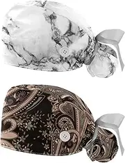 [WOSHJIUK] Working Hat 2 Pack Scrub Caps for Women,Traditional Marble Texture,Tie Back Cap Adjustable Scrub Hat
