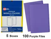 Avery 81592 Manilla Folders PURPLE Foolscap F/C 186gsm 100 Files x 5 Bulk Deal