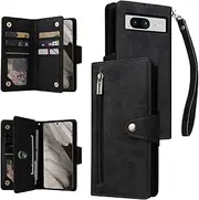 [YocoverTech] for Google Pixel 8a 5G Case,for Google Pixel 8a 5G Wallet Case[6 Card Slots and 1 Zipper Coin Pocket] PU Leather Stand Flip Cover with Wrist Strap[6.1"]-Black
