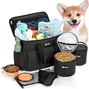 Pet Travel Bag | Pet Accessory Bag for Travelling with Your Beloved Pet | Includes 2 Food containers, 2 Collapsible Feeding Bowls, Foldable Double Sided Feeding Mat, and Shoulder Strap.