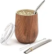 BALIBETOV Modern Mate Cup and Bombilla Set (Yerba Mate Cup) -Yerba Mate Set Includes Double Walled 18/8 Stainless Steel Mate Tea Cup, Two Bombilla Mate (Straw) and a Cleaning Brush (8 oz, Wood)
