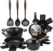 [Oster] Platinum Oxburg 14 Piece Forged Aluminum PFA Free Non-Toxic Premium Ceramic Non Stick Interior Cookware & Kitchen Tools Set - Black w/Wood Handles