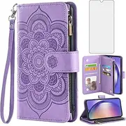 [Asuwish] Phone Case for Samsung Galaxy A54 5G Wallet Cover with Tempered Glass Screen Protector and Flower Leather Flip Card Holder Stand Cell Accessories A545G A 54 54A 4G G5 SM A546U Women Men Purple