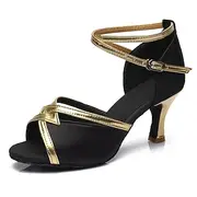 Women's Black and Gold Latin Dance Shoes – Suede Sole, Strappy Ankle Wrap, Ballroom Salsa Performance Heels