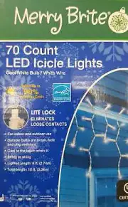 Merry Brite 70 Count LED Icicle Lights Cool White Bulb/White Wire