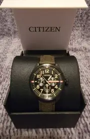 New Citizen Eco-Drive Olive Green Cordura Strap Men Wristwatch BU205516E