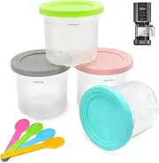 HomeToDou 4 Pack Replacement Creami Pints Container and Lids for Ninja NC301 NC300 NC299AMZ Series Creami Ice Cream Maker,16oz Cups with 4 Pack Spoon,BPA-Free,Dishwasher Safe(Pink/Blue/Green/Grey)