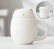Cute Cat Ceramic Tea Mugs with Infuser & Lid, Handmade Porcelain Tea Cup for Steeping Loose Leaf Tea, Teacup Suitable for Home & Office, Great for Tea Lovers 350ML (White)