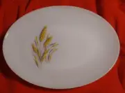 Anchor Hocking FIRE-KING 12" OVAL PLATTER Oven Ware WHITE & GOLD WHEAT PATTERN