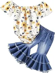 [Geogenry] Infant Girl Bell Bottoms Outfit Sunflower Off Shoulder Bodysuit Romper Denim Flared Pants Summer Jean 2 Pieces Set