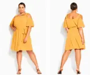 City Chic Ladies Paradise Cold Shoulder Dress size 16 Small Colour Sunshine