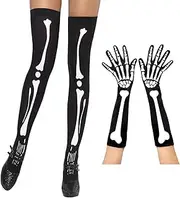 [AWOCAN] 2PCS Halloween Skeleton Gloves Stockings Set,Halloween Long Stock Gloves Halloween Party Dress Up Custome