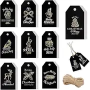Whaline 120 Pieces 10 Designs Christmas Gold Foil Paper Gift Tags Black Xmas Hanging Tag Labels with 66 Feet Jute String for DIY Xmas Arts and Crafts Decorations Holiday Present Party Supplies
