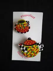 Pins of Teapot and Coffee Cup with Red Peppers - Handpainted and New on Card -2