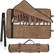 JOINDO Knife Roll with PU Leather Straps and Metal Buckles, Double Layer Waxed Canvas Knife Bag, Large Chef Knife Bag with Handle and Shoulder Strap