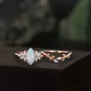 925 Sterling Silver 14K Gold Plate Natural Opal Marquise Cut Engagement Ring Set