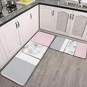 2 Pcs Kitchen Rug Set, Elegant White Marble Grey Pink Non-Slip Kitchen Mats and Rugs Soft Flannel Non-Slip Area Runner Rugs Washable Durable Doormat Carpet, OneSize