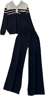 [Generic] Women Sweater 2 Piece Set Lapel Striped Pullover Tops High Waist Wide Leg Pants Tracksuit Outfits Vintage Lounge Sets