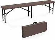 Costway 180cm Outdoor Plastic Folding Bench, Portable Fold-in-Half Seat w/ 600kg Capacity, Wood-Like HDPE Thickened Long Seat w/Handle & Lock, for Outdoor Camping Picnic Party Soccer Events (Coffee)