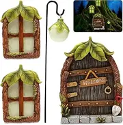 BEEUPAL Miniature Fairy Garden Door Kit for Tree Outdoor,4 PCS Fairy Garden Decor Door Windows and Lantern Glow in Dark,Fairy Door for Garden Fairies Tree and Wall,Fairy Tree Decorations Outdoor