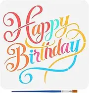 FINGERINSPIRE Happy Birthday Stencil for Painting with Brush 11.8x11.8inch Reusable Birthday Celebration Template Hollowed Words Pattern Stencil Plastic PET Daily Theme Template for Home Decoration