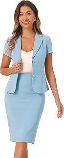 [Allegra K] Women's Business Skirt Suit Set Work Office Short Sleeve Blazer Jacket Pencil Skirt