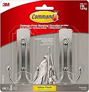 Command Large Wall Hooks, Damage Free Hanging Wall Hooks with Adhesive Strips (2 Pack, Brushed Nickel)
