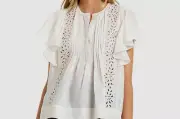 $348 Secret Mission Women's Off-White Flutter-Sleeve Embroidery Top Size S