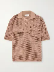 [Brunello Cucinelli] Brunello Cucinelli - Sequin-emhellished Open-knit Cotton-blend Polo Top - Orange - medium medium Orange