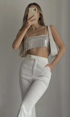 ZARA WOMAN NEW CROP TOP WITH FRINGING AND RHINESTONES SILVER SIZE M 7901/356