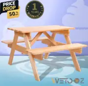 Kids Outdoor Picnic Table Bench set Wooden 4 children Natural Wood Extra bracket