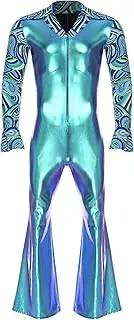Yeahdor Men's Hippie 70s Costume Retro Disco Outfit Shiny Metallic Bell Bottom Pants Jumpsuit Costume