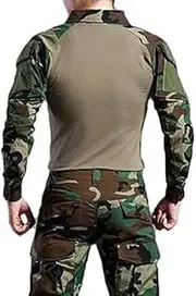 [ATAIRSOFT] Men BDU Shooting Combat Long Sleeve Camo Shirt with Elbow Pad Woodland Camo for Military Army Airsoft WL