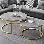 2 Sets of Nesting Tables, Round Marble Tops Coffee Table, Modern Accent Side End Table for Living Room Home Office,Grey+Gold-70cm+50cm
