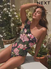 Navy/Pink Floral Kew Collection One Shoulder Frill Tummy Control Swimsuit (AJ4589) | $122