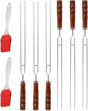 Haofy 6PCS Smores Skewers Roasting Sticks with BBQ Brush, Stainless Steel Shish Kabob Skewers with Wood Handle for Grill, Food Grade Barbecue Cooking Tools