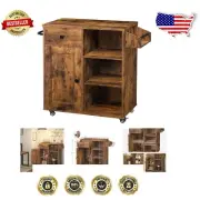 Compact Rustic Brown Kitchen Island with 4 Wheels - Ideal for Cooking & Serving