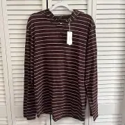 Vince XL Fine Stripe Slub Cotton Hoodie Red Brown White Pullover Long Sleeve NWT