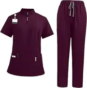 [Tadill] Nursing Scrub Set Nurse Workwear for Beauty Center Pet Groomer, Dark Red, XXL