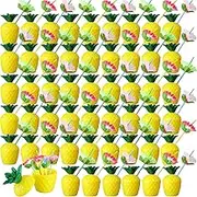 Nuenen 60 Pcs Pineapple Cups Plastic Pineapple Cups with Lids Hibiscus Straws Hawaiian Luau Cups with Palm Leaves Pineapple Drink Cups Tiki Cups for Tropical Luau Aloha Beach Theme Party Supplies