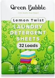 Green Bubble Laundry Detergent Sheets - Eco-Friendly 32 Lemon Twist Scent Travel Laundry Detergent Sheet | Plastic Free Laundry Strips W/Recyclable Packaging | Washer Sheets Detergent