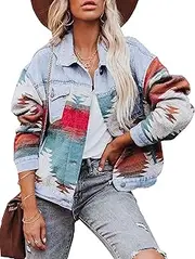 [Himythe] Women’s Aztec Shacket Jacket Lapel Long Sleeve Retro Jean Coat Oversized Western Denim Jacket