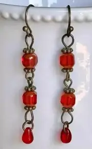Bronze and Red Glass Bead Earrings. Boho Chic.