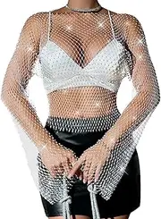 [RAMOUG] Women's Rhinestone Mesh Crop Top Fishnet Shirt Bikini Cover Up