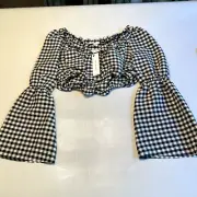 Topshop Womens Crop Top White Check Black Print Cottage Gingham Summer Size 6P