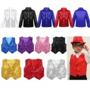 Kid Boys Glittery Waistcoat Dance Costumes Sequined Vest Shirt Modern Dancewear