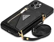 SZHAIYU Wallet Crossbody for iPhone 13 Pro Max Phone Case with Lanyard Strap Credit Card Holder 6.7'', PU Leather Protective Handbag Zipper Purse Kickstand Cover Women Girl (Black)