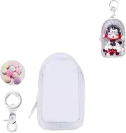 Yushen Clear Doll Display Case Keychain for Mystery Box Mini Figures, PVC Doll Bag Keychain Charms with Pompom Ball for Collectibles