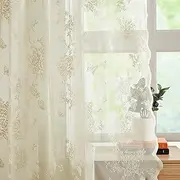 Bujasso Beige Lace Curtains Vintage French Floral Beige Sheer Curtains 84 inch Rod Pocket Light Filtering Victorian Scalloped Edges Beige Lace Sheer Drapes for Living Room Bedroom 2 Panels 54" Wx84 L