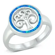 Tree of Life Ring Sterling Silver 925 Blue Lab Opal Face Height 14 mm Size 7